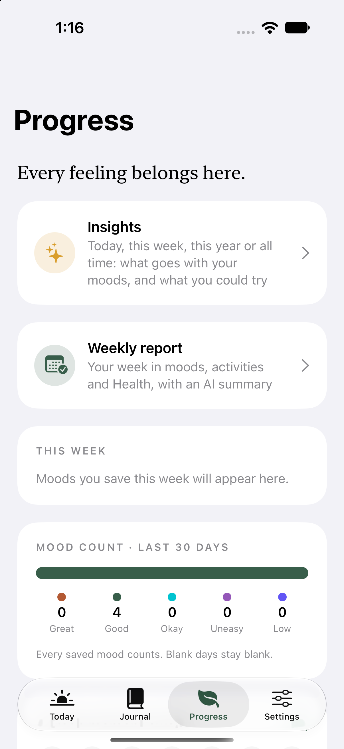 Dayzli Progress screen with Insights and weekly report